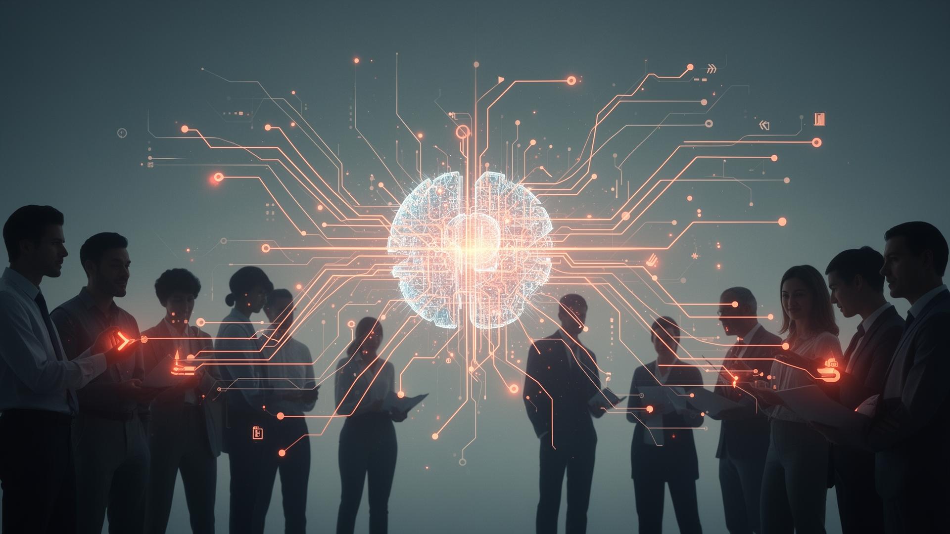 Silhouettes of diverse professionals connected to a glowing AI core by warm circuit lines