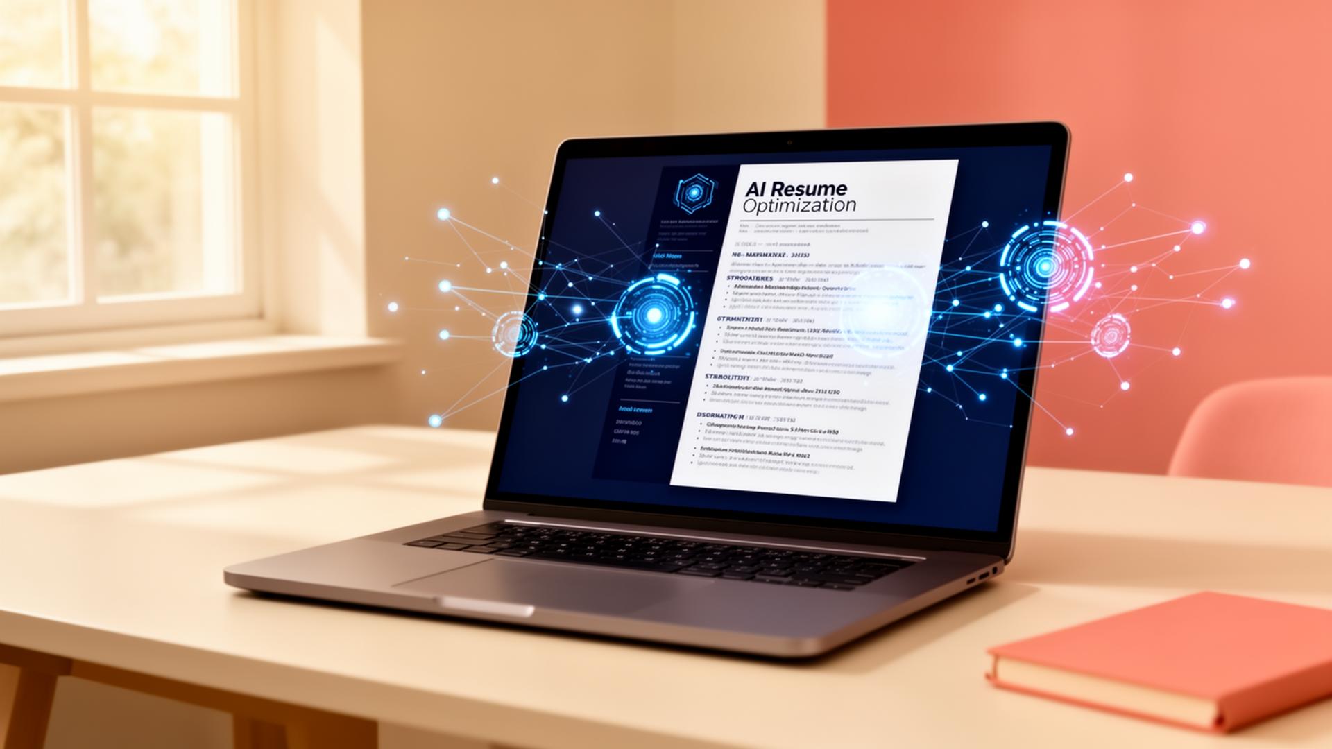 Laptop on a sunlit desk with a resume document surrounded by glowing AI optimisation highlights