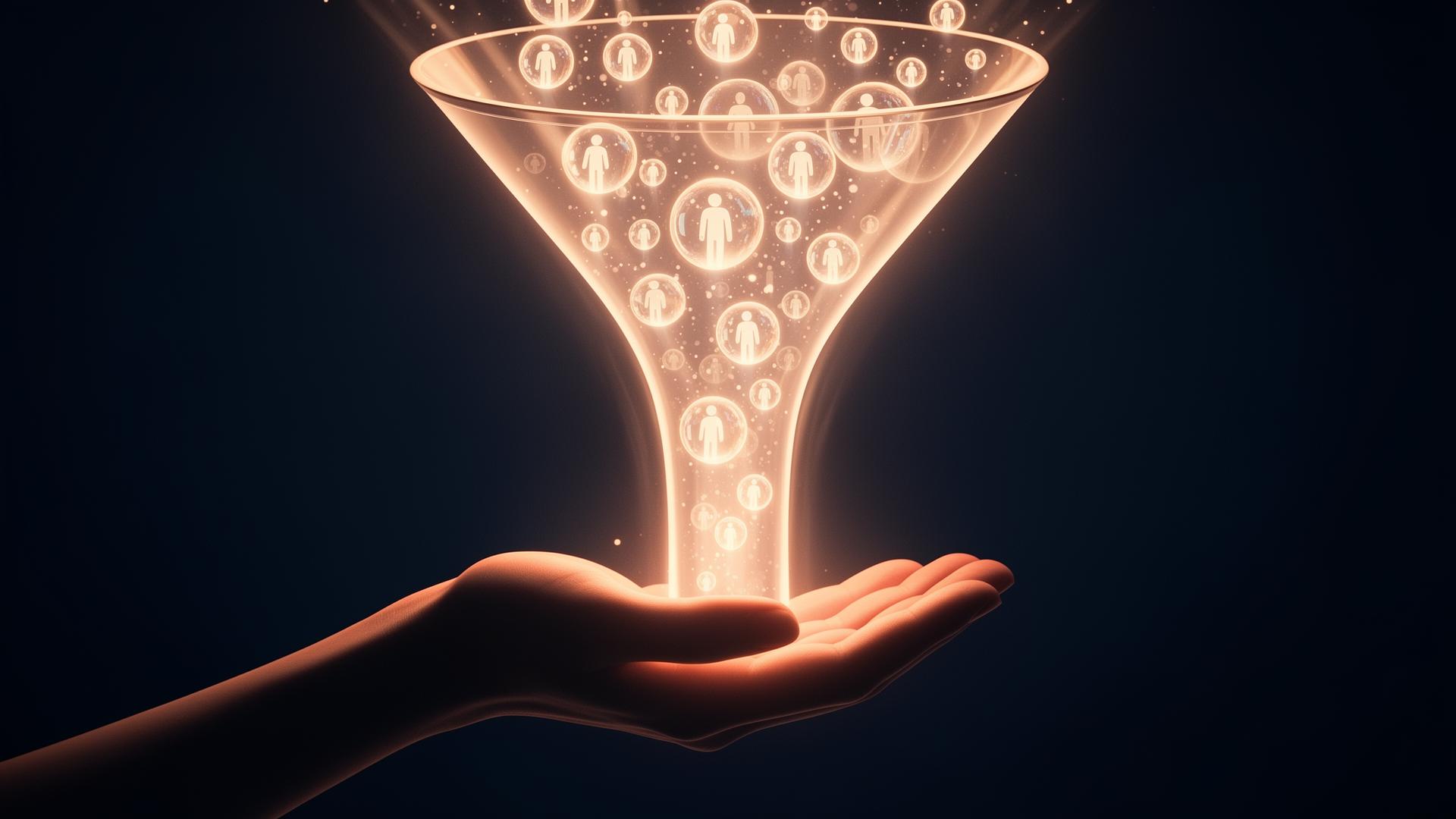 Glowing candidate orbs flowing through a funnel of warm light into an open hand