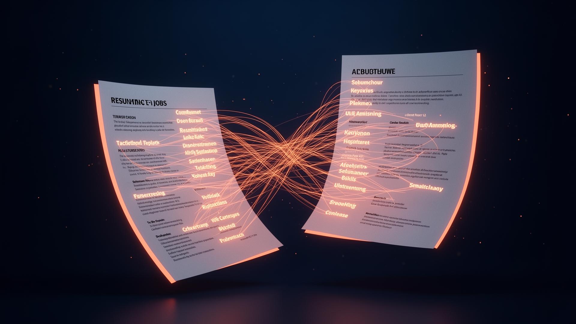Two glowing resume documents in deep space connected by warm semantic threads