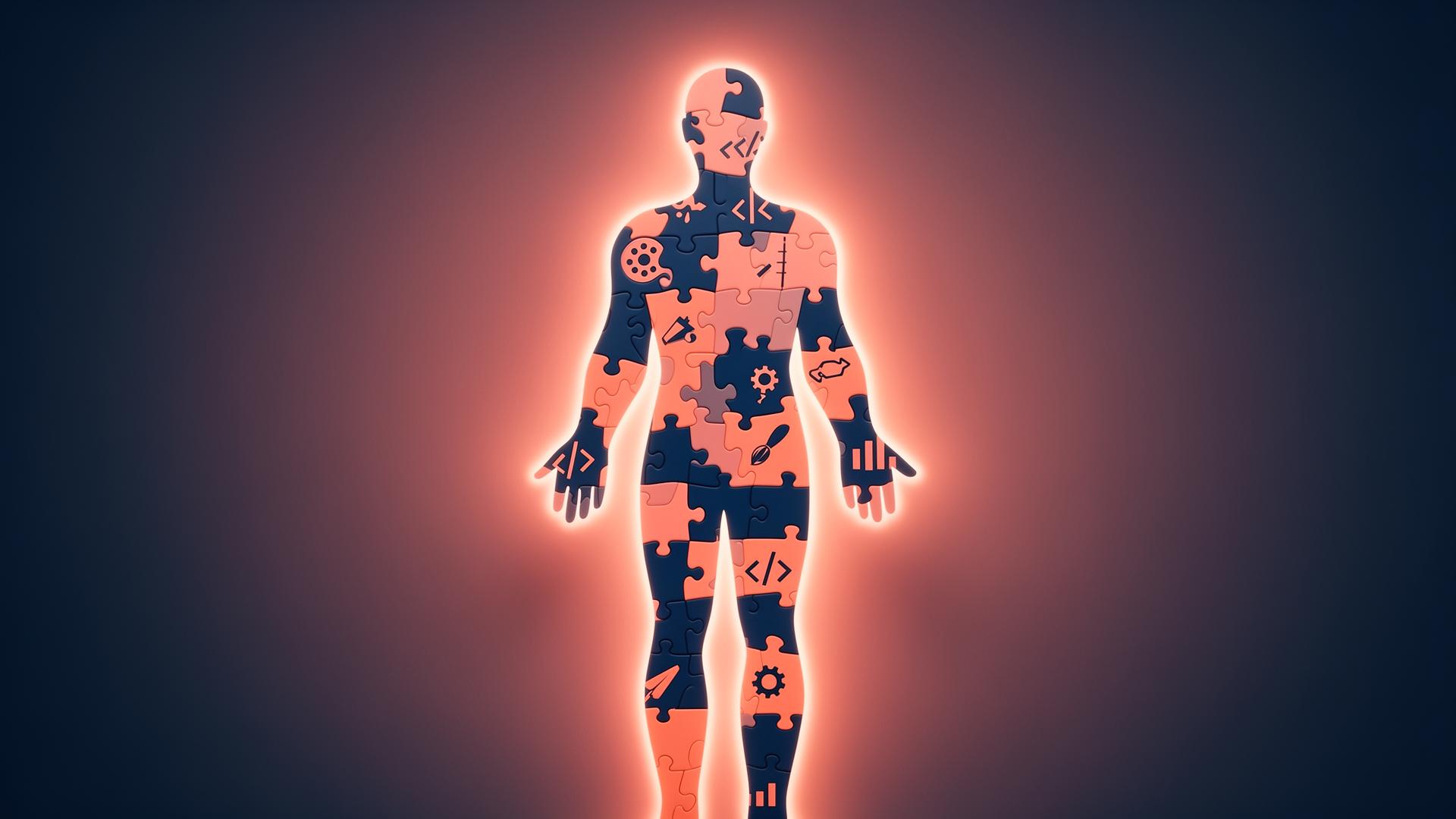 Human silhouette made of glowing puzzle pieces with skill icons fitting together